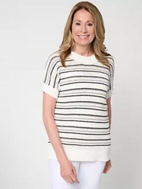 Striped Short-Sleeve Crewneck Sweater - White/Black